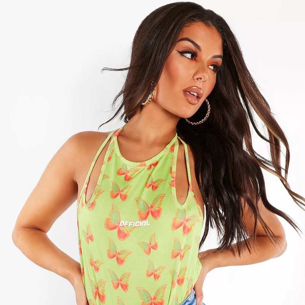 NWOT BOOHOO BUTTERFLY PRINT CUT OUT STRAPPY BODYSUIT